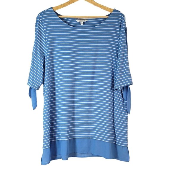 Ellen Tracy Company Stretchy Top Blue XXL White Stripe Cutout Sleeve Chiffon Hem - Picture 1 of 7
